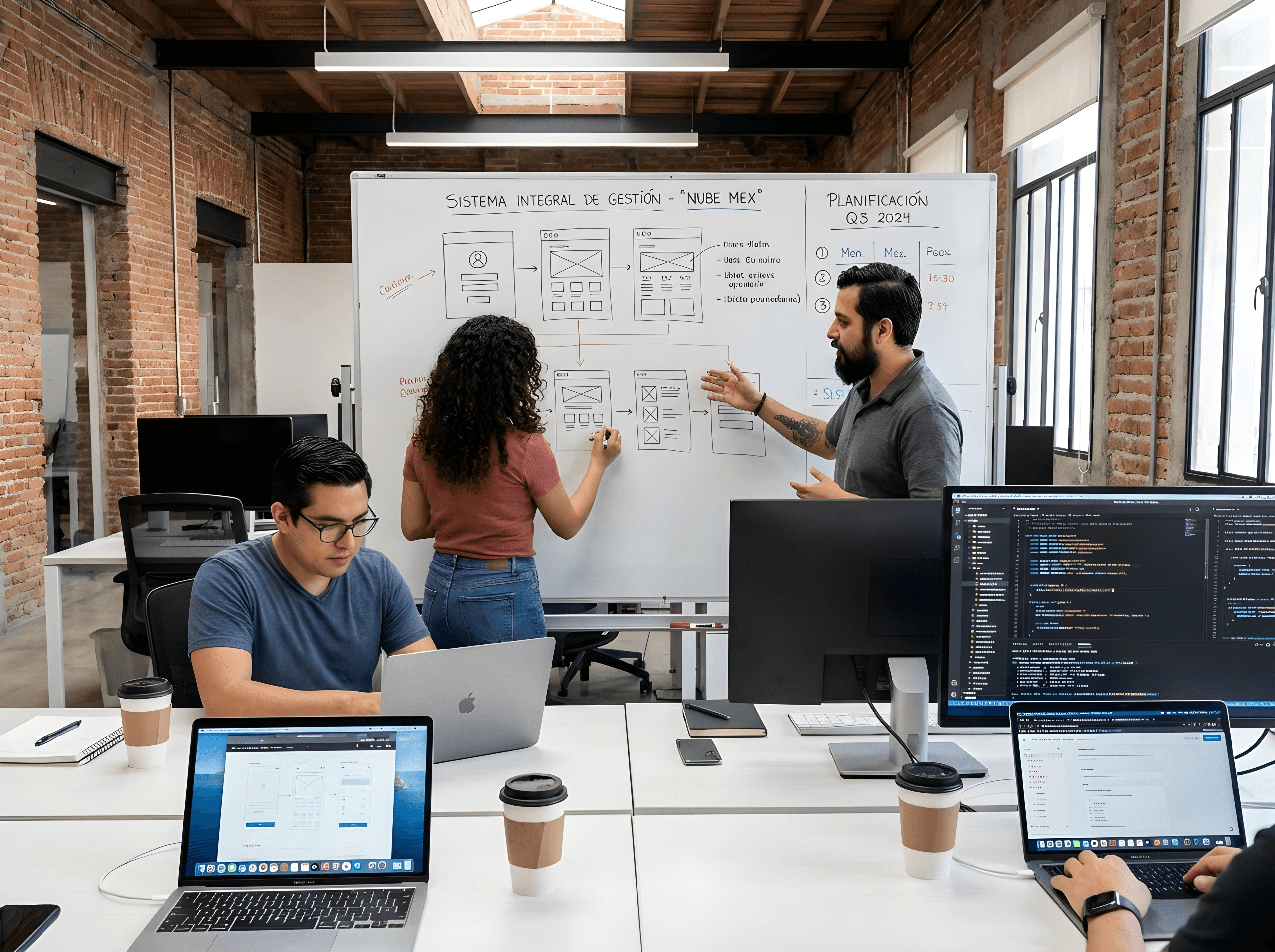 Equipo de Deskrive trabajando en una sesión de planificación frente a una pizarra