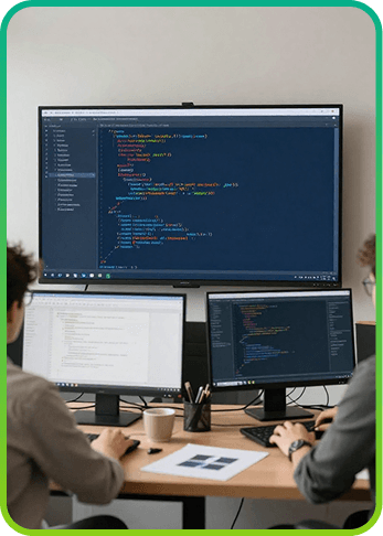 Equipo de desarrollo trabajando con tres pantallas de código