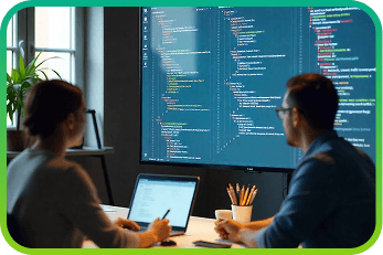 Dos personas escribiendo código frente a un monitor