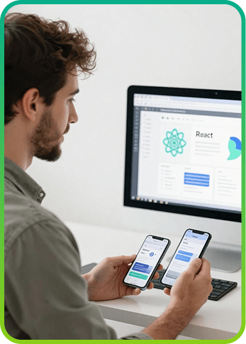 Desarrollador revisando una app móvil con dos celulares